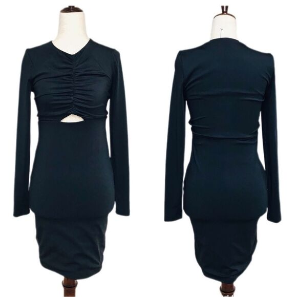 EXPRESS Black Fitted Long Sleeve Cutout Dress Bodycon‎ Ruched Size XS Large New - Picture 2 of 11